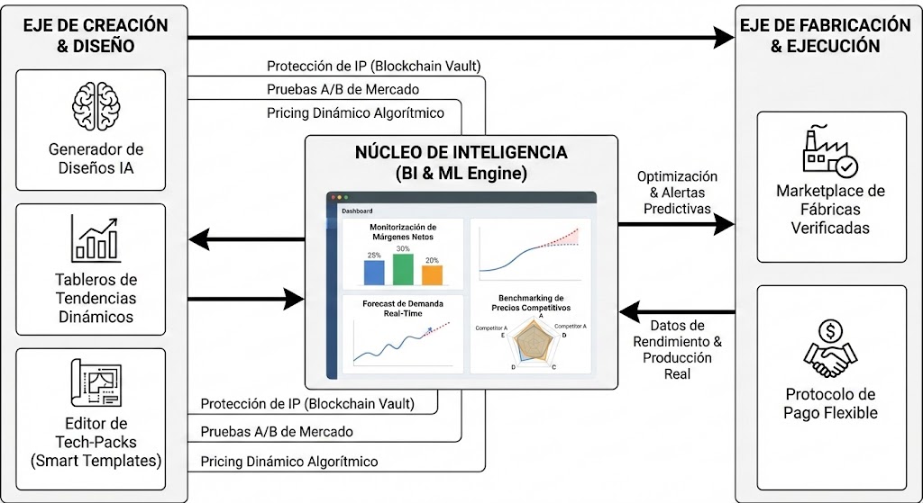 Diagrama de flujo DesAIn - Eje de Creacion, Nucleo de Inteligencia, Eje de Fabricacion